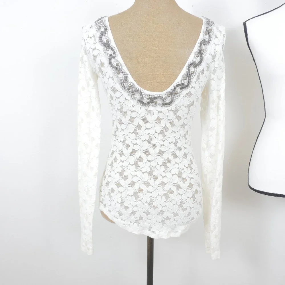 Free People White Lace Long Sleeve Bronze Beaded Silver Sequin SZ XS Top Blouse - Picture 5 of 7